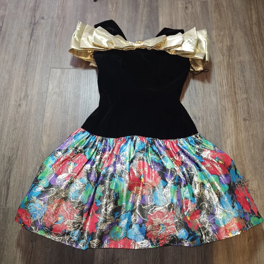 Vintage Morton Myles Saks Velvet Gold Bow Metallic Floral Cocktail Dress Sz S - Picture 9 of 15